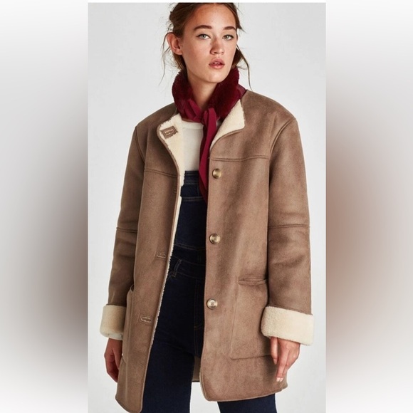 Zara Penny Lane Tan Faux Leather Shearling Coat - Picture 5 of 15